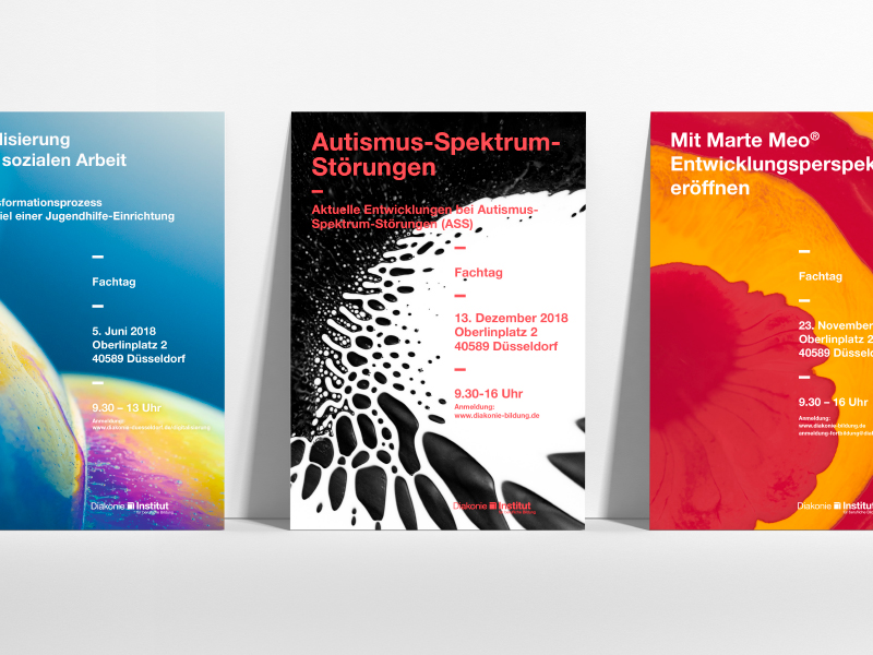 Drei bunte Plakate für Fachtage der Diakonie Düsseldorf zu den Themen Digitalisierung in der sozialen Arbeit, Autismus-Spektrum-Störungen und Marte Meo, jeweils mit Datum, Ort und Uhrzeit.