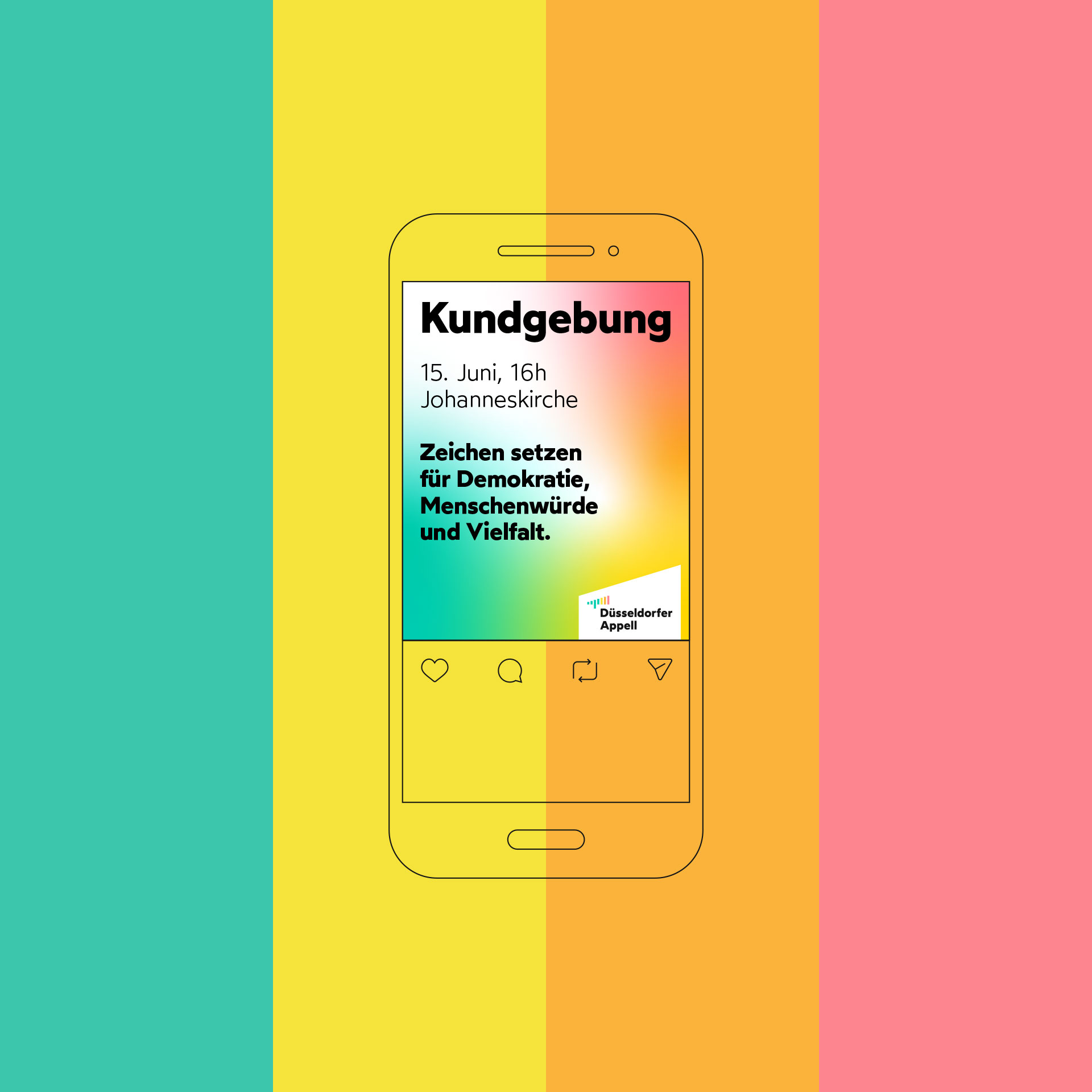 Instagram-Beitrag des Düsseldorfer Appells zur Kundgebung für Demokratie, Menschenwürde und Vielfalt.
