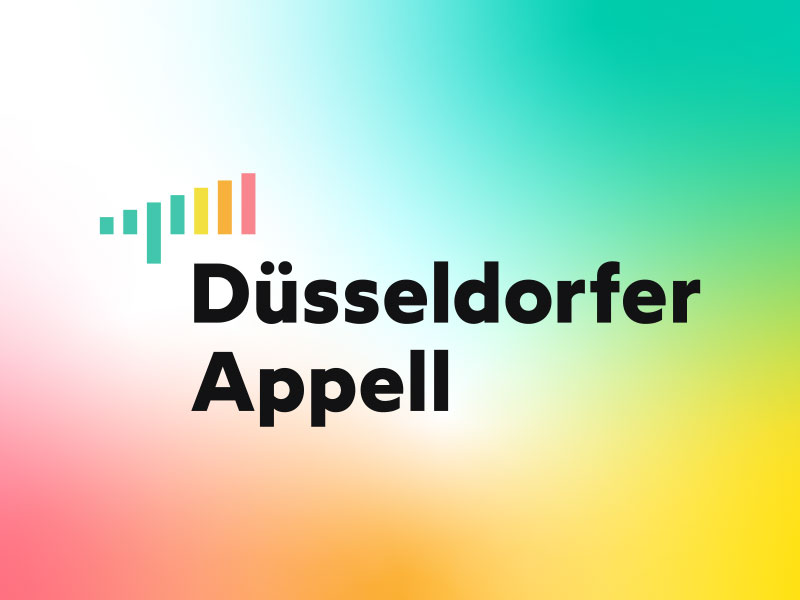 Logo des Düsseldorfer Appells auf farbigem Verlaufshintergrund mit stilisierter Balkengrafik.