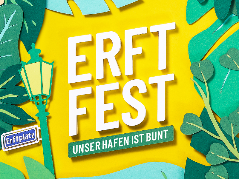 Detail des Paperartwork für das Erftfest mit Blättern und Straßenlaterne