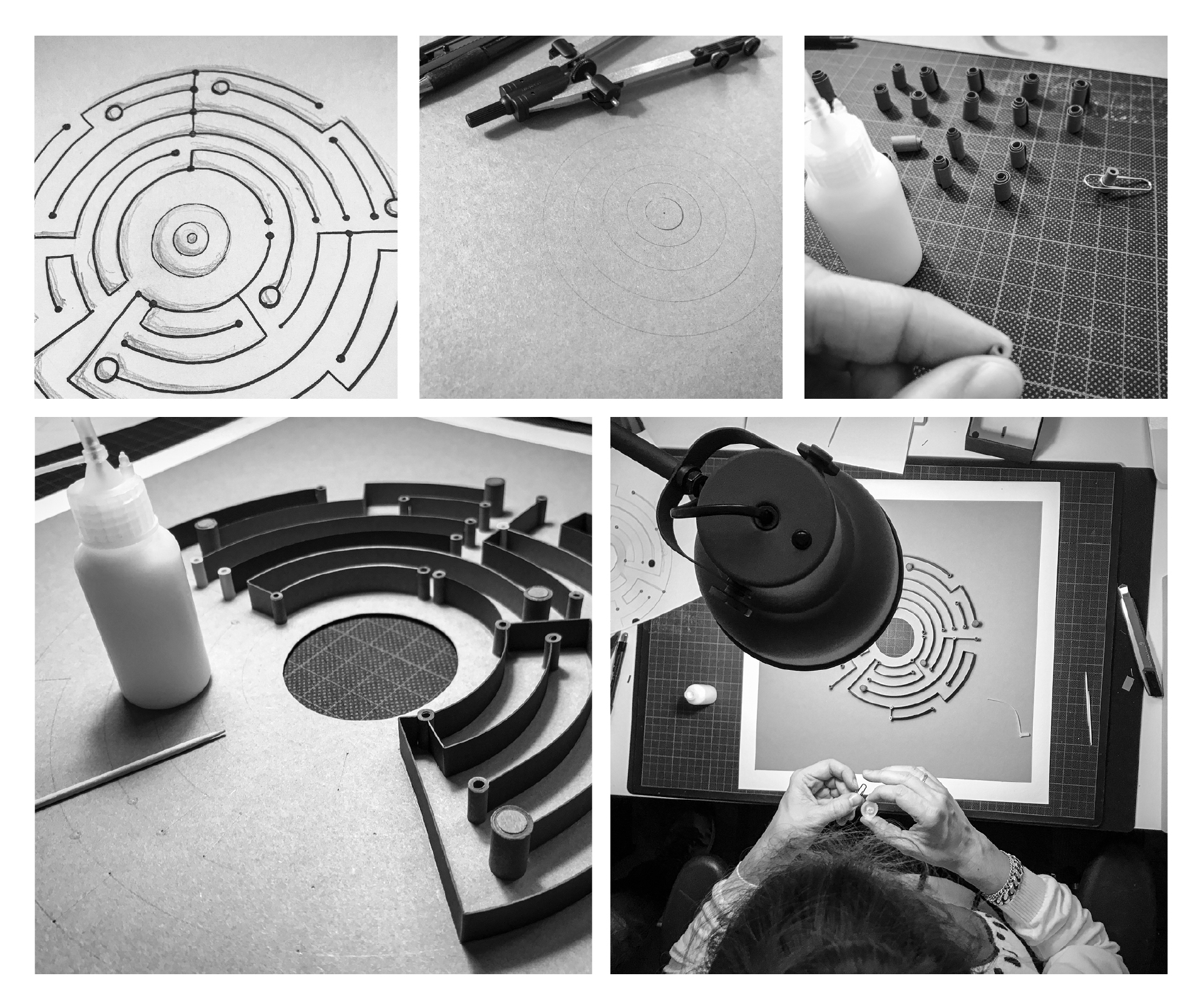 Making-Of-Bilder der Entstehung eines Papier-Artworks in Labyrinthform.