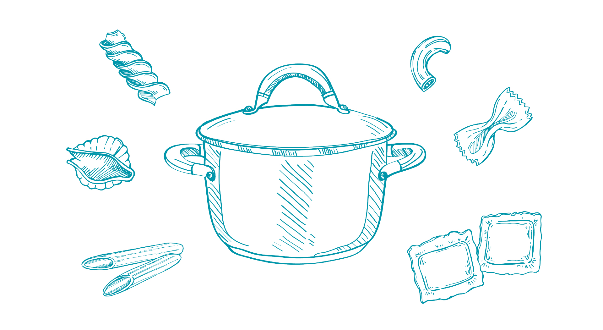 Illustration eines Kochtopfs mit verschiedenen Nudelsorten wie Penne, Fusilli, Farfalle, Ravioli, Muschelnudeln und Maccheroni.