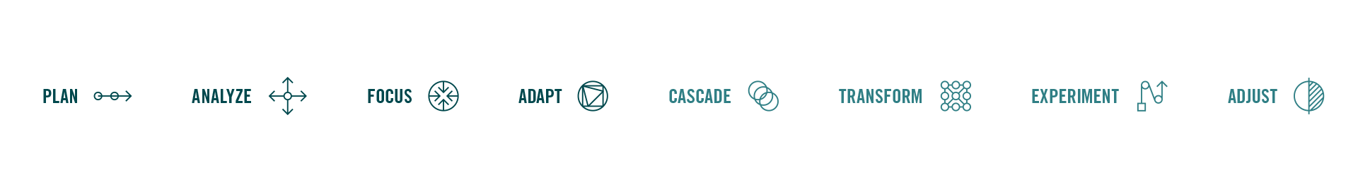Neun Icons mit Text: Plan, Analyze, Focus, Adapt, Cascade, Transform, Experiment, Adjust.