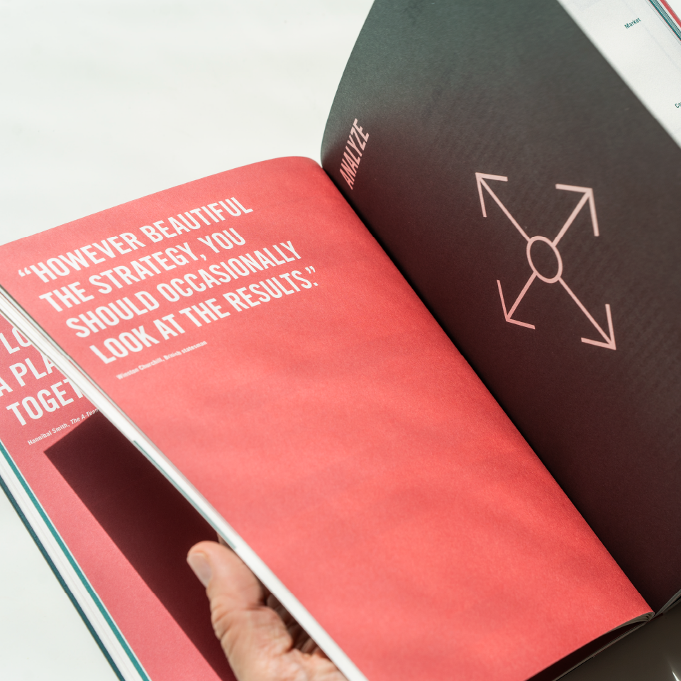 Innenseiten des Buches „Hope is not a strategy“ mit Zitat