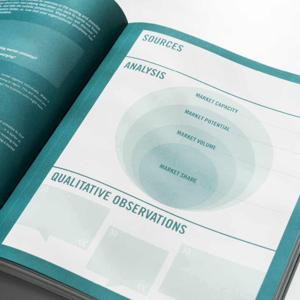 Innenseite des Buches „Hope is not a strategy“ mit Diagramm zu Marktanalyse: Market Capacity, Market Potential, Market Volume, Market Share sowie Bereich „Qualitative Observations“.