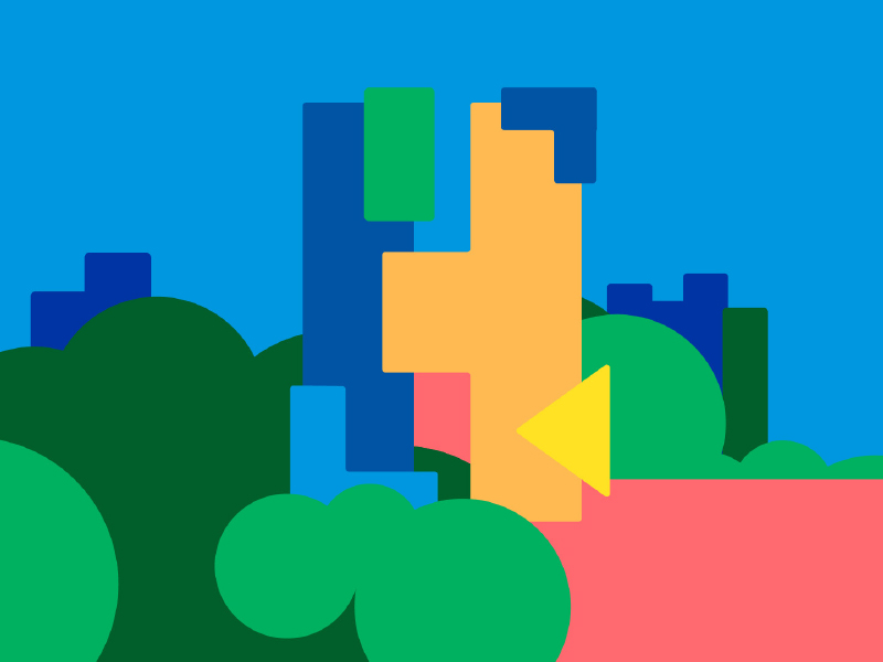 Bunte abstrakte Illustration mit geometrischen Formen in Blau, Grün, Gelb und Rosa vor blauem Hintergrund.