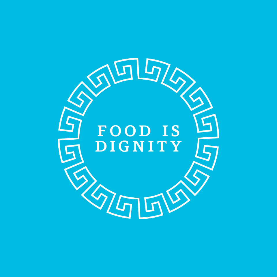 Weißes Logo "Food is dignity" auf blauem Hintergrund
