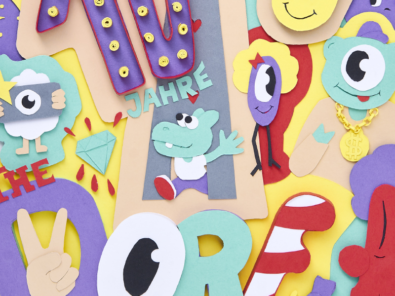 Buntes Paper-Artwork mit Figuren, Symbolen und Text „10 Jahre The Dorf“