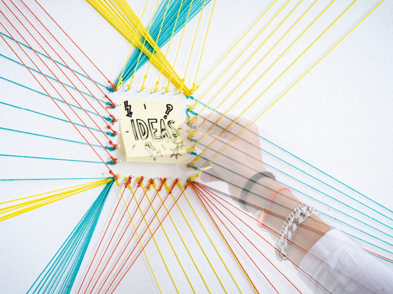 Hand platziert Post-it mit der Aufschrift „IDEAS“ in einem Netzwerk bunter Fäden an einer Wand.