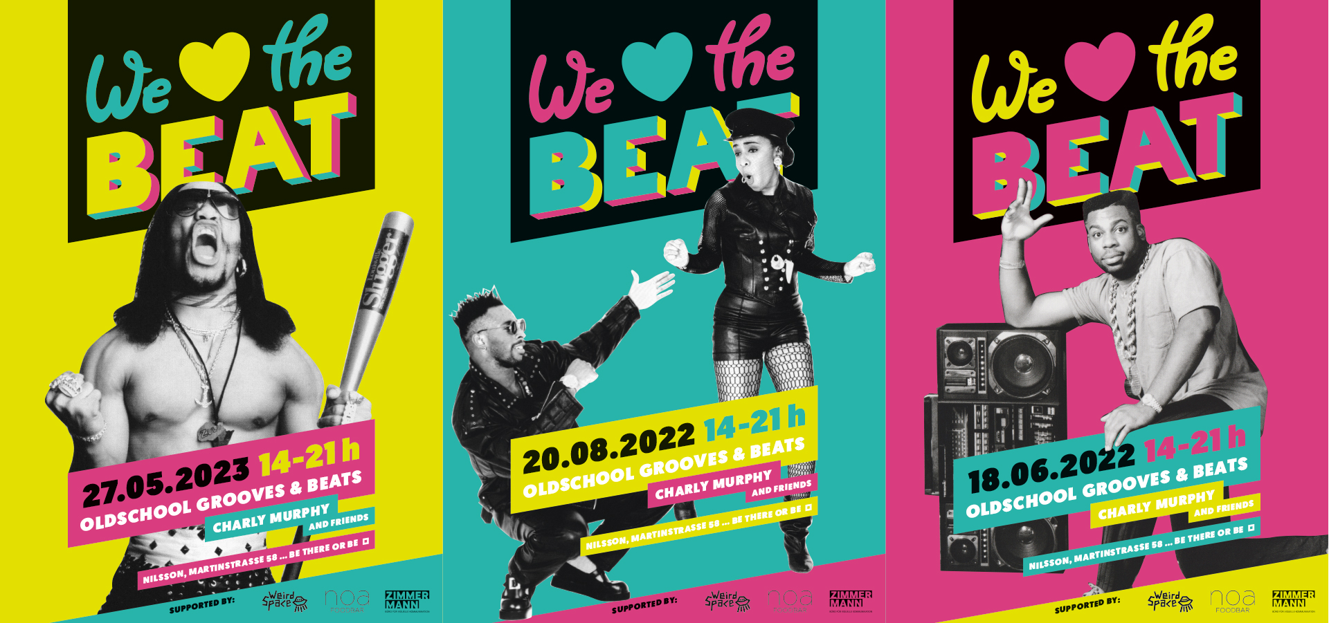 Farbige Veranstaltungsplakate „We love the beat“ mit Datum, Uhrzeit, Ort; Schwerpunkt Oldschool Grooves & Beats