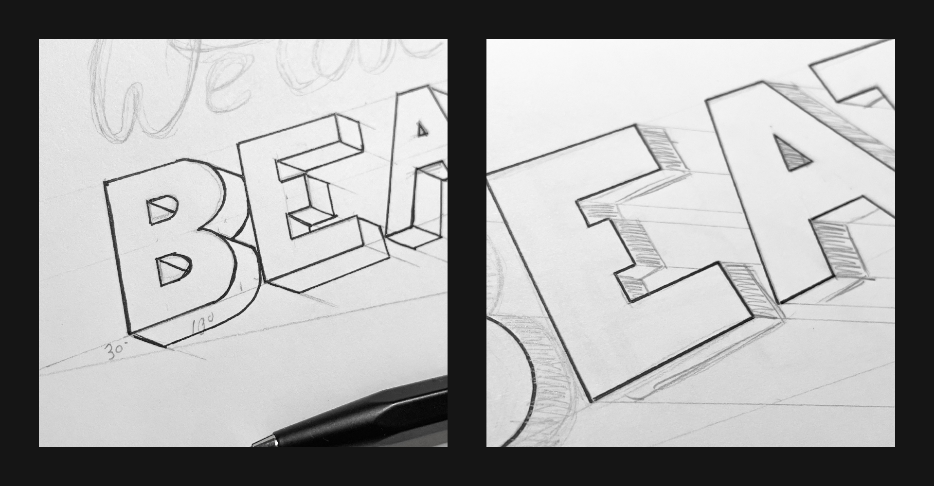 Nahaufnahme von Scribbles und Letterings für das Logo "We love the beat"