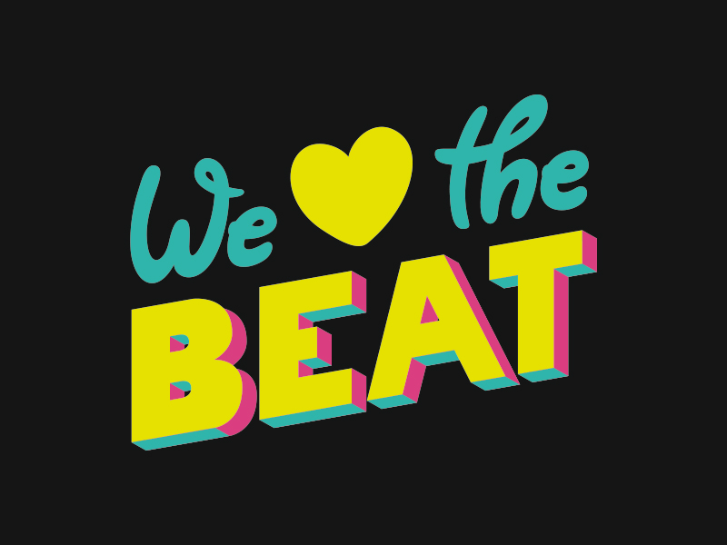 Buntes Logo "We love the beat" auf Schwarz