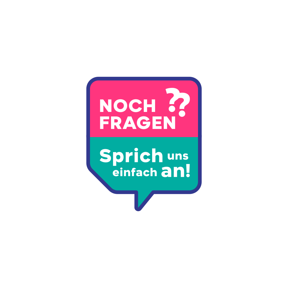 Sticker-Motiv der ZFA-Kampagne mit dem Slogan ‚Noch Fragen? Sprich uns an!‘.