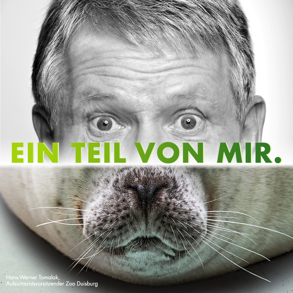 Zoo Duisburg Kampagnenmotiv ‚Ein Teil von mir‘ mit Aufsichtsratsvorsitzendem Hans-Werner Tomalak und Robbe.
