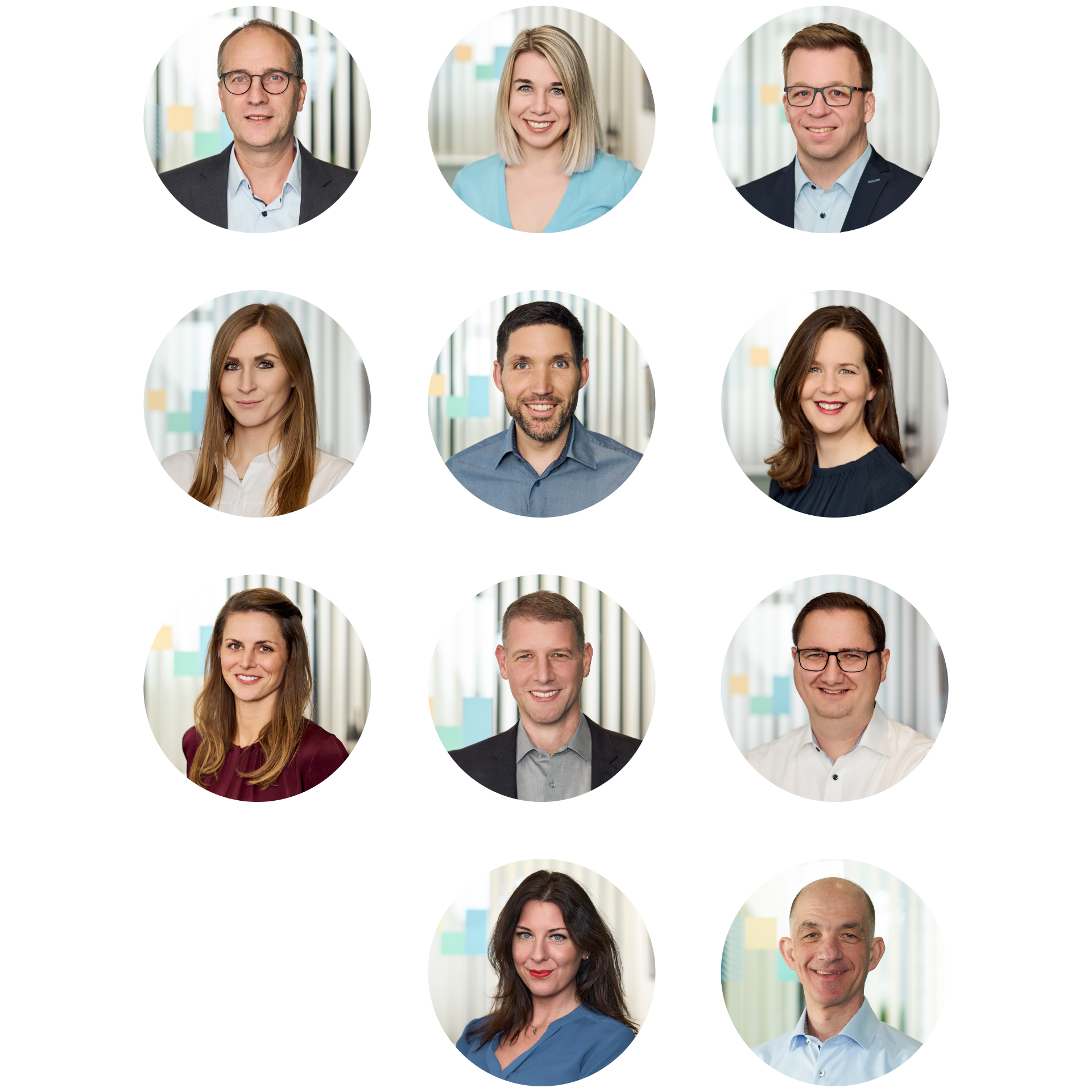 Porträtcollage von elf Personen in runden Rahmen vor hellem Hintergrund.