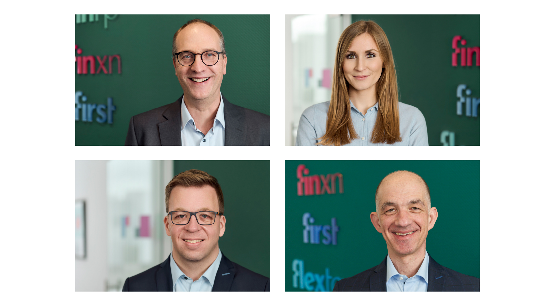 Collage mit vier Porträts von Teammitgliedern vor grünem Hintergrund mit Logos.