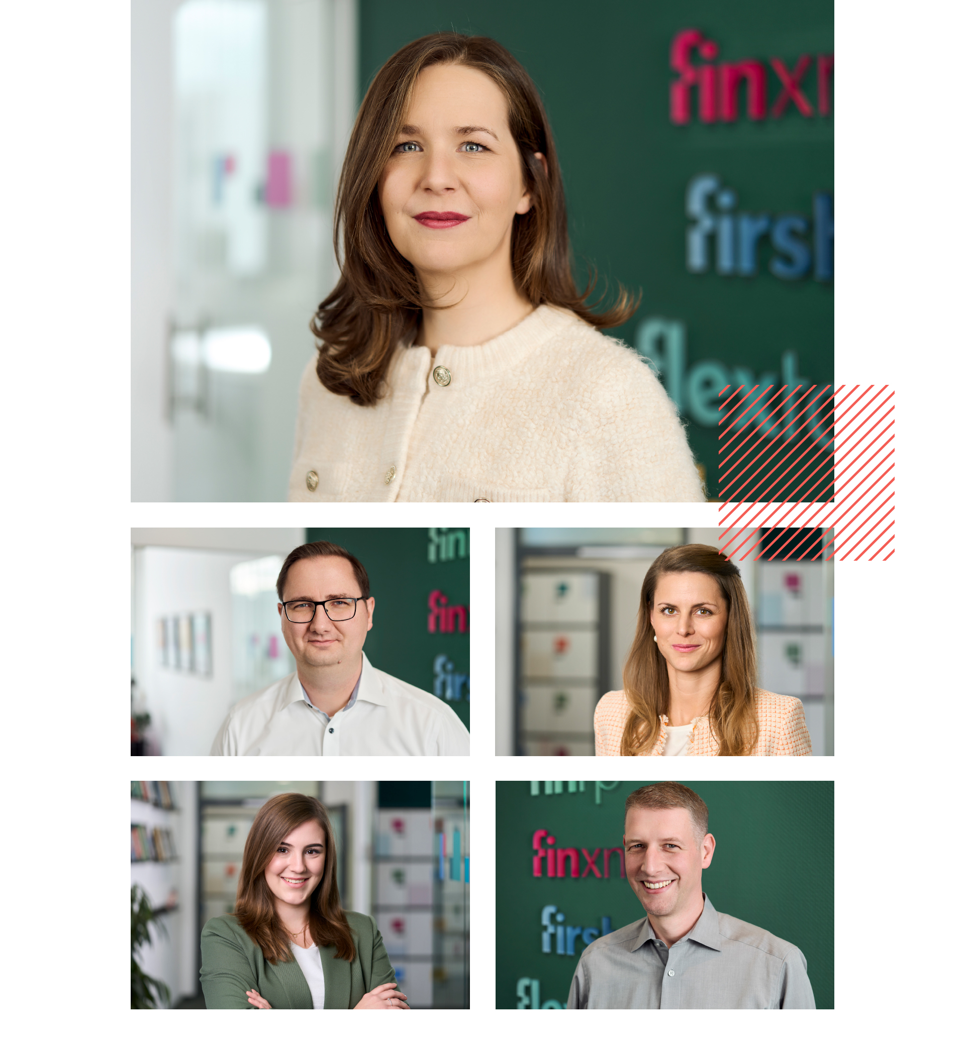 Collage mit fünf Porträts von Teammitgliedern vor grünem Hintergrund mit Logos.